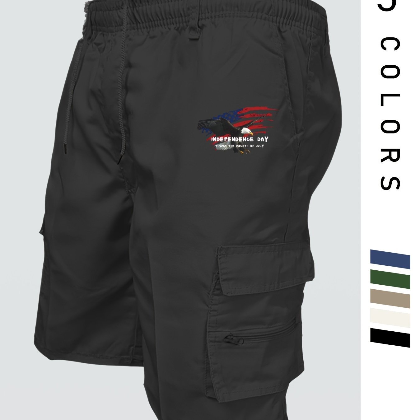 Eagle Print Loose Fit Elastic Cargo Shorts