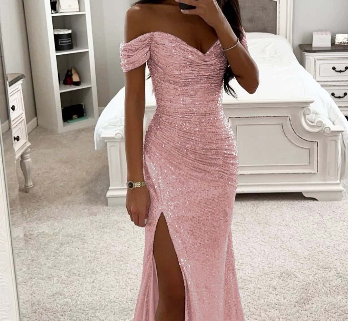 Party Sequins Off-Shoulder Split Dress