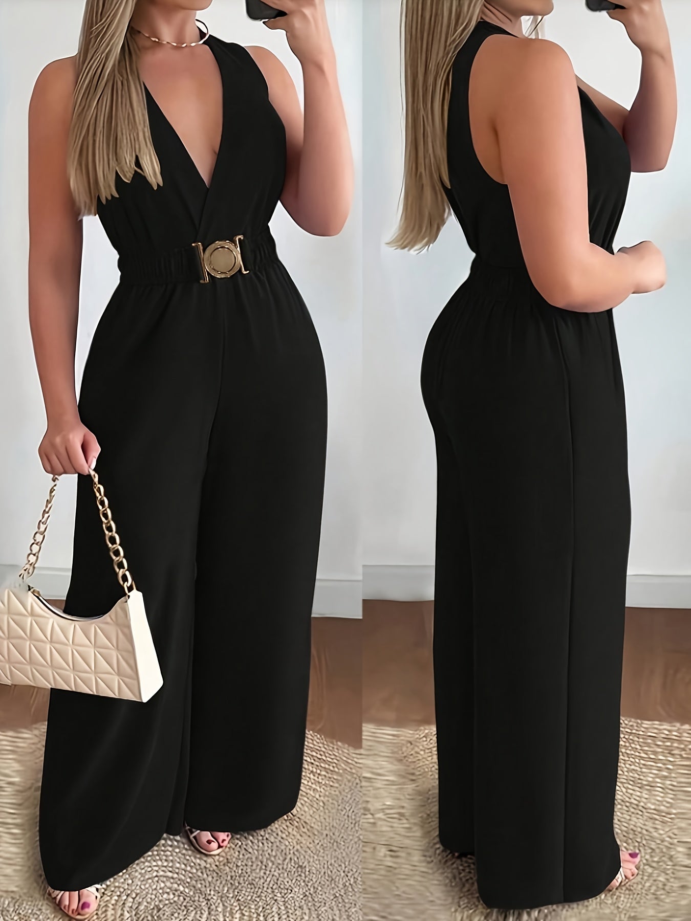 Elegant Women'S V-Neck Wide-Leg Jumpsuit with a Metallic Buckle Belt.