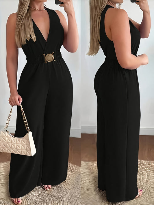 Elegant Women'S V-Neck Wide-Leg Jumpsuit with a Metallic Buckle Belt.