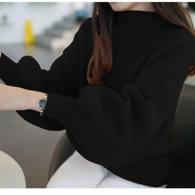 Half-High Collar Short Lantern Sleeve Pullover Sweater for Women