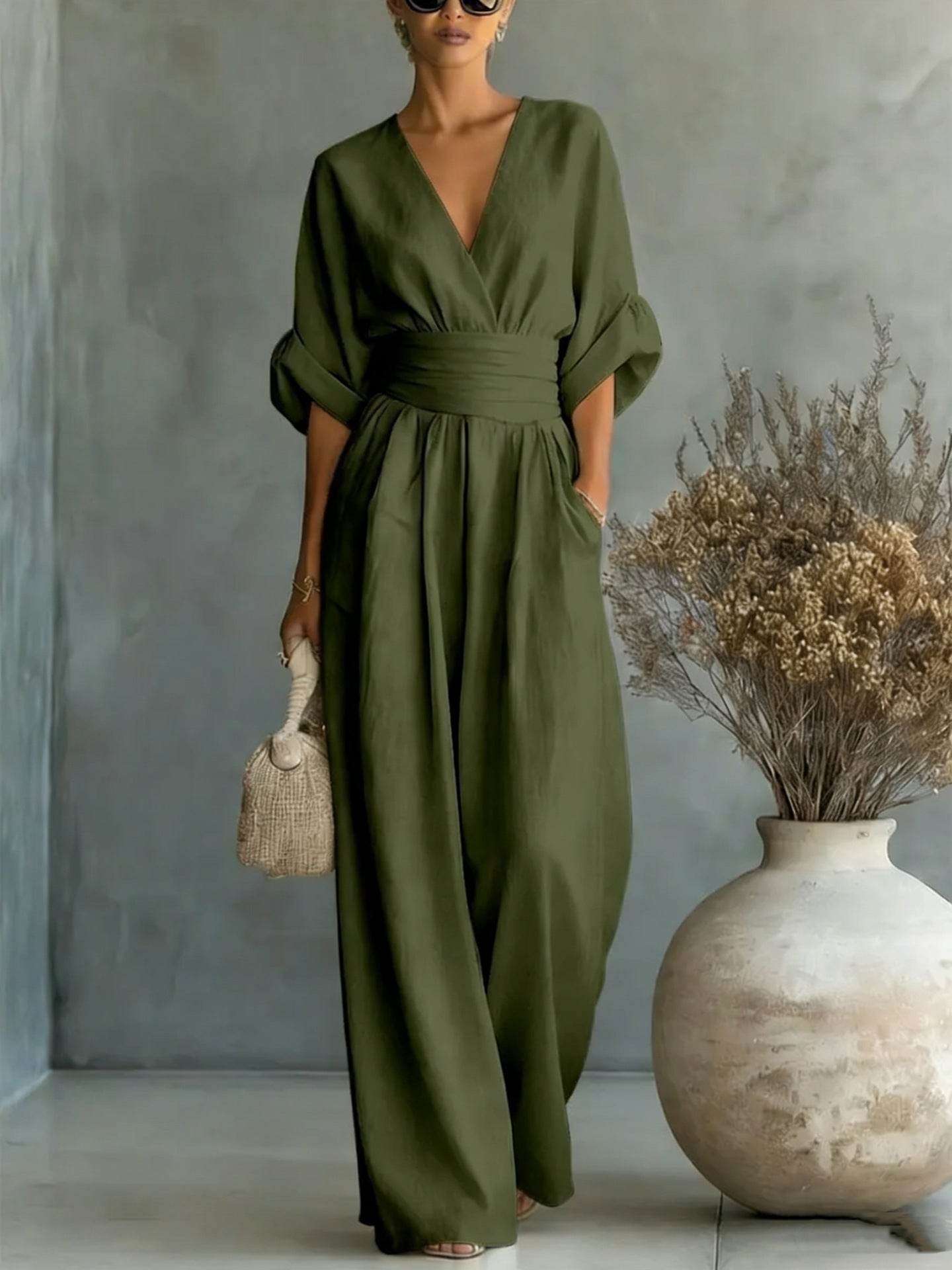 Summer Short-Sleeved Jumpsuit – Fashion Casual V-Neck Wide-Leg Pants for Women