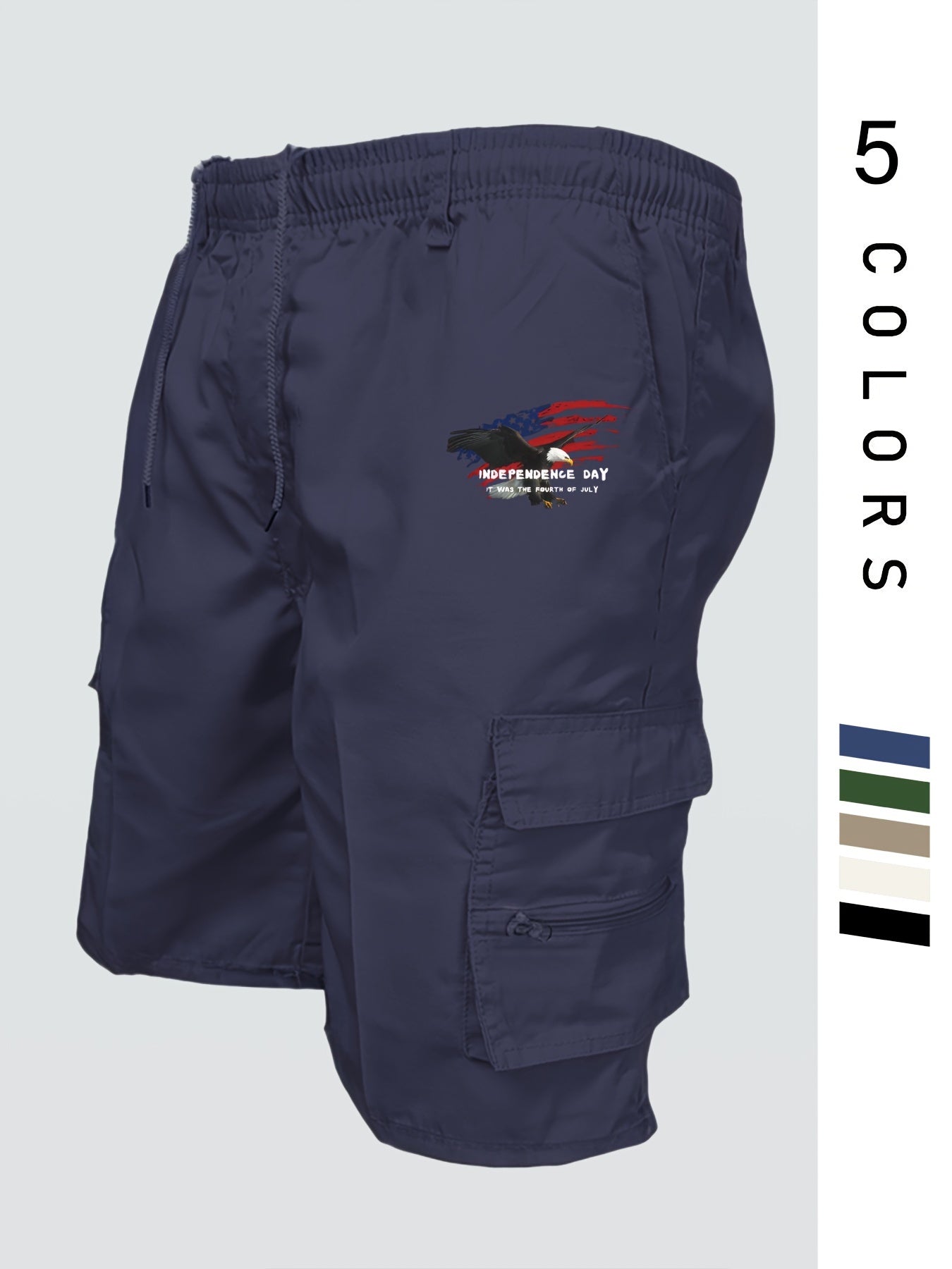 Eagle Print Loose Fit Elastic Cargo Shorts