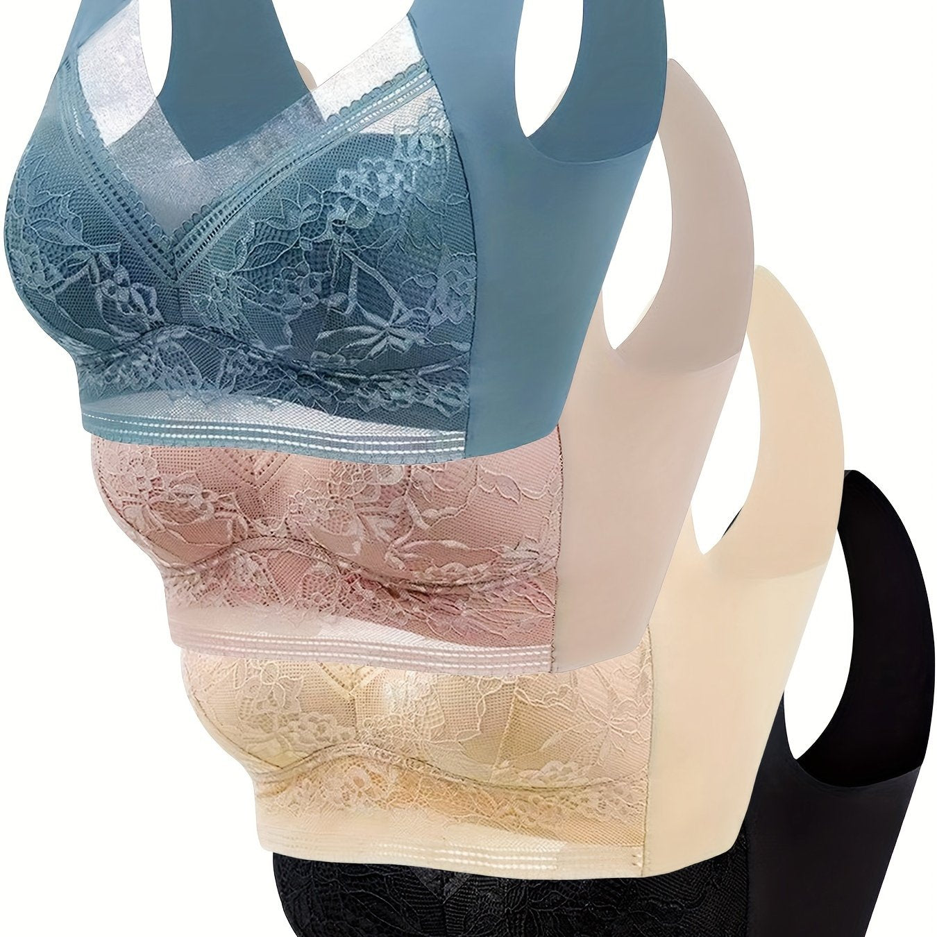 4pcs Simple Solid Contrast Lace Wireless Bra Set