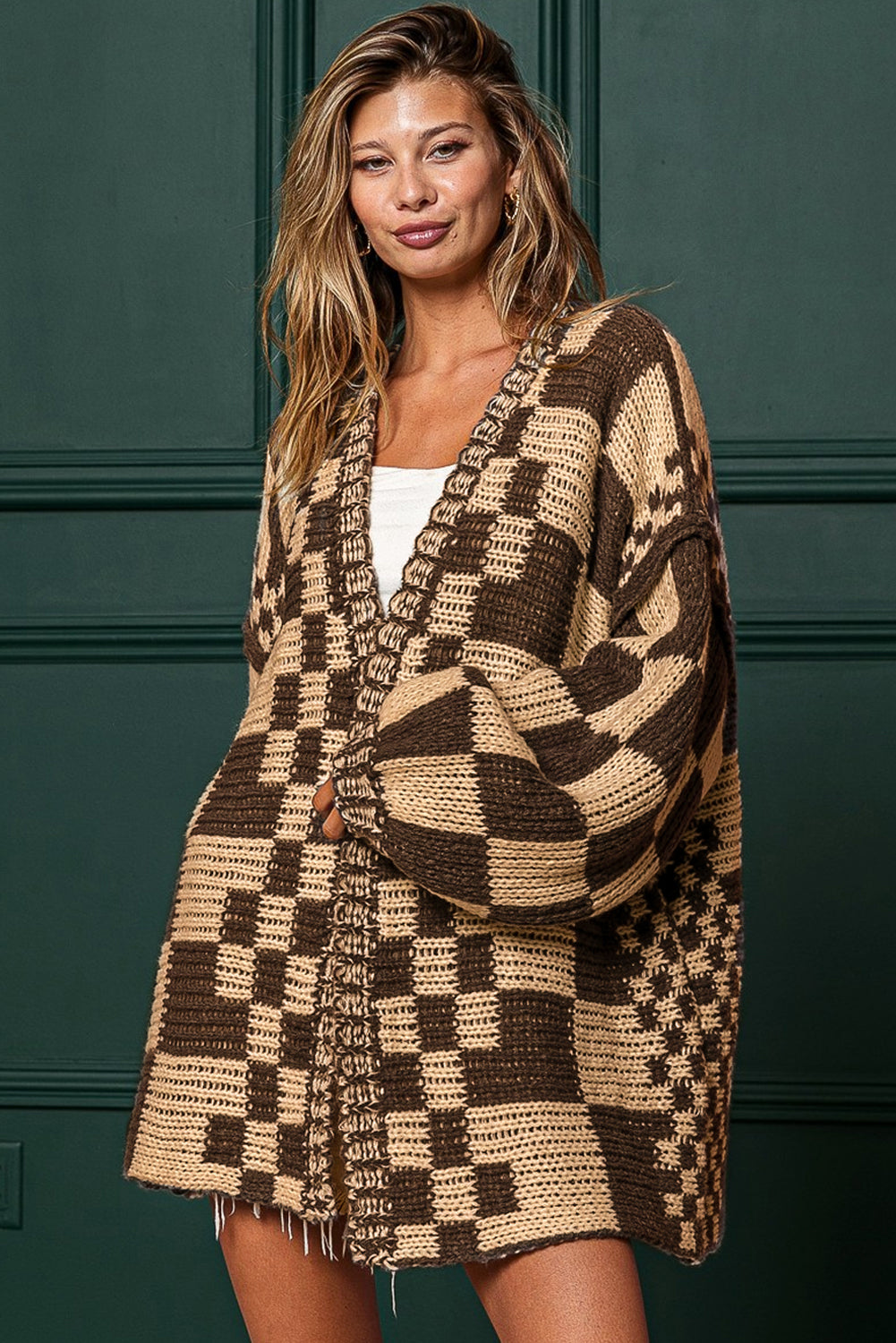 Dark Brown Color Block Checked Cardigan.