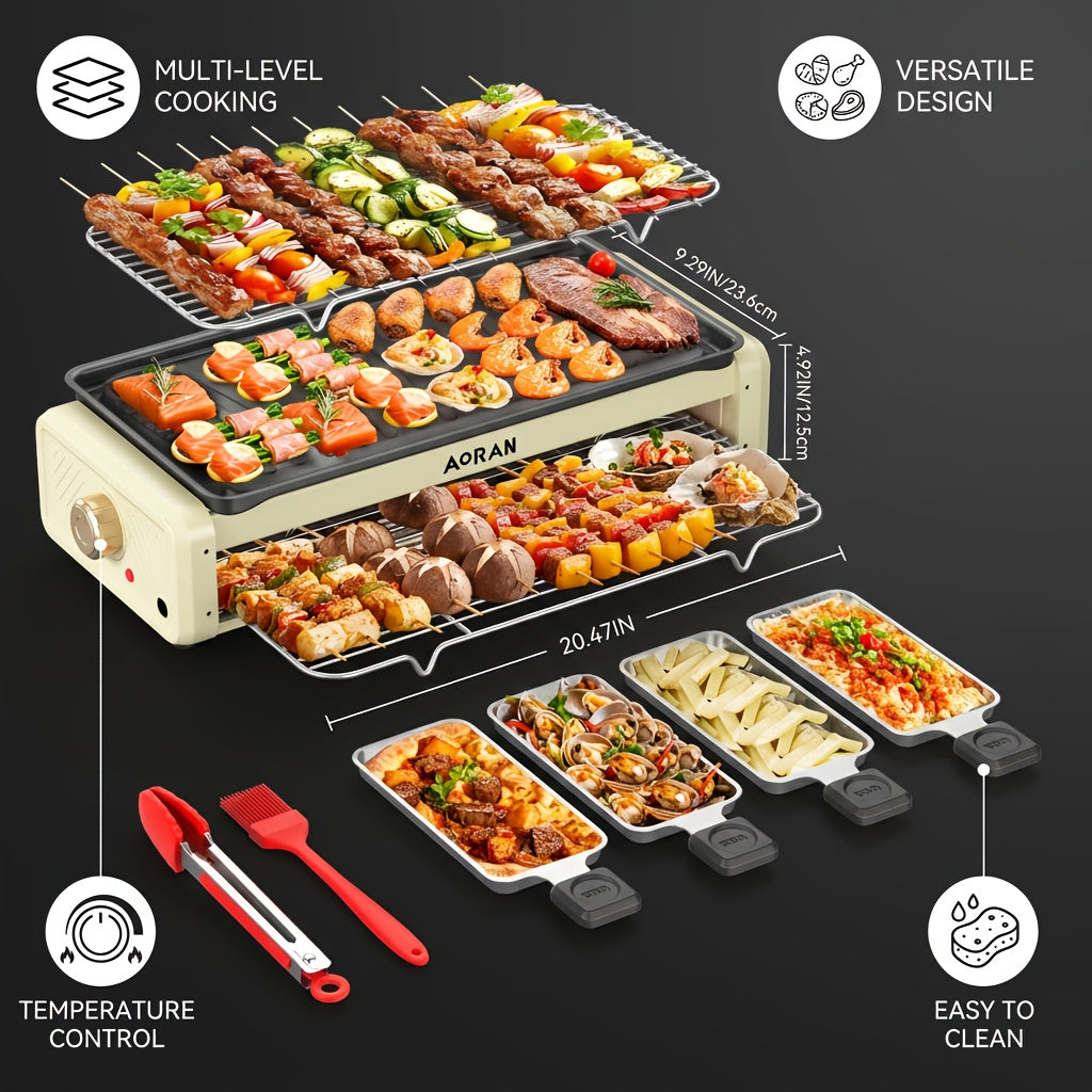 3-in-1 Electric Barbecue Grill & Raclette Set – Teppanyaki Grill with 4 Mini Cheese Trays, Indoor Party Grill for Seafood, BBQ & Family Gatherings