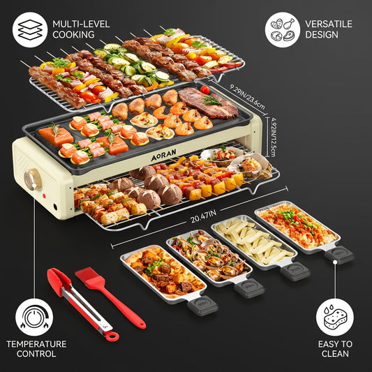 3-in-1 Electric Barbecue Grill & Raclette Set – Teppanyaki Grill with 4 Mini Cheese Trays, Indoor Party Grill for Seafood, BBQ & Family Gatherings