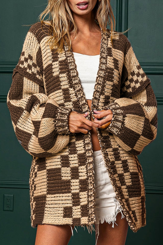 Dark Brown Color Block Checked Cardigan.
