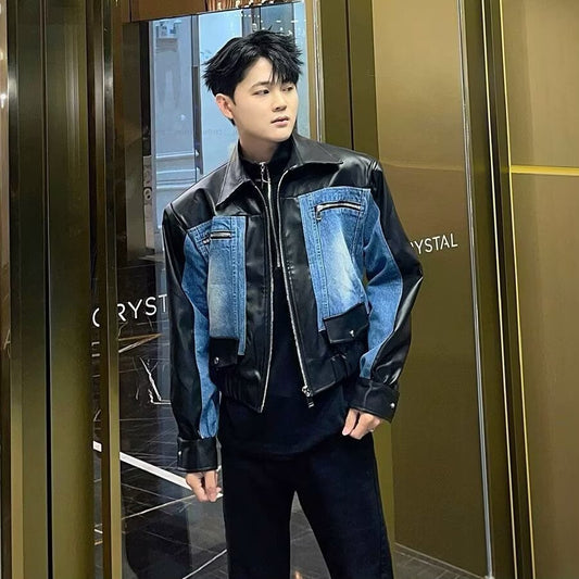 High-Quality PU Leather & Denim Panel Jacket