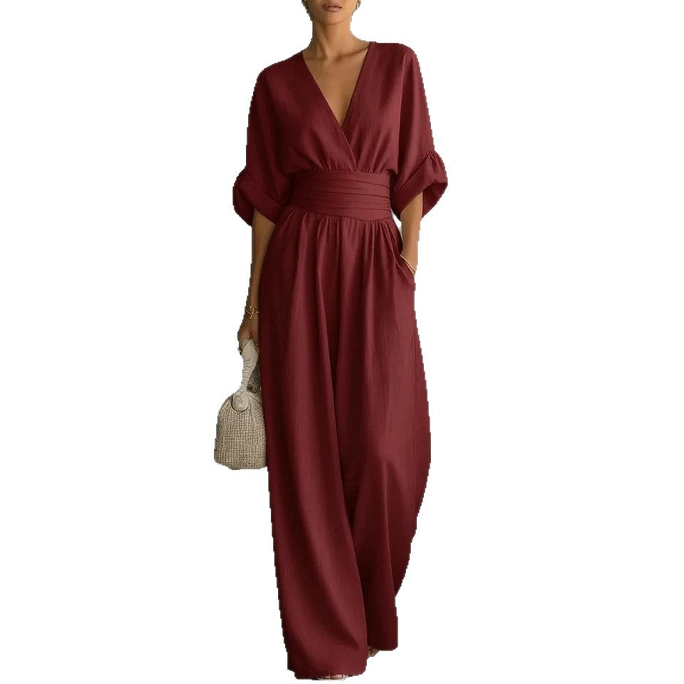 Summer Short-Sleeved Jumpsuit – Fashion Casual V-Neck Wide-Leg Pants for Women