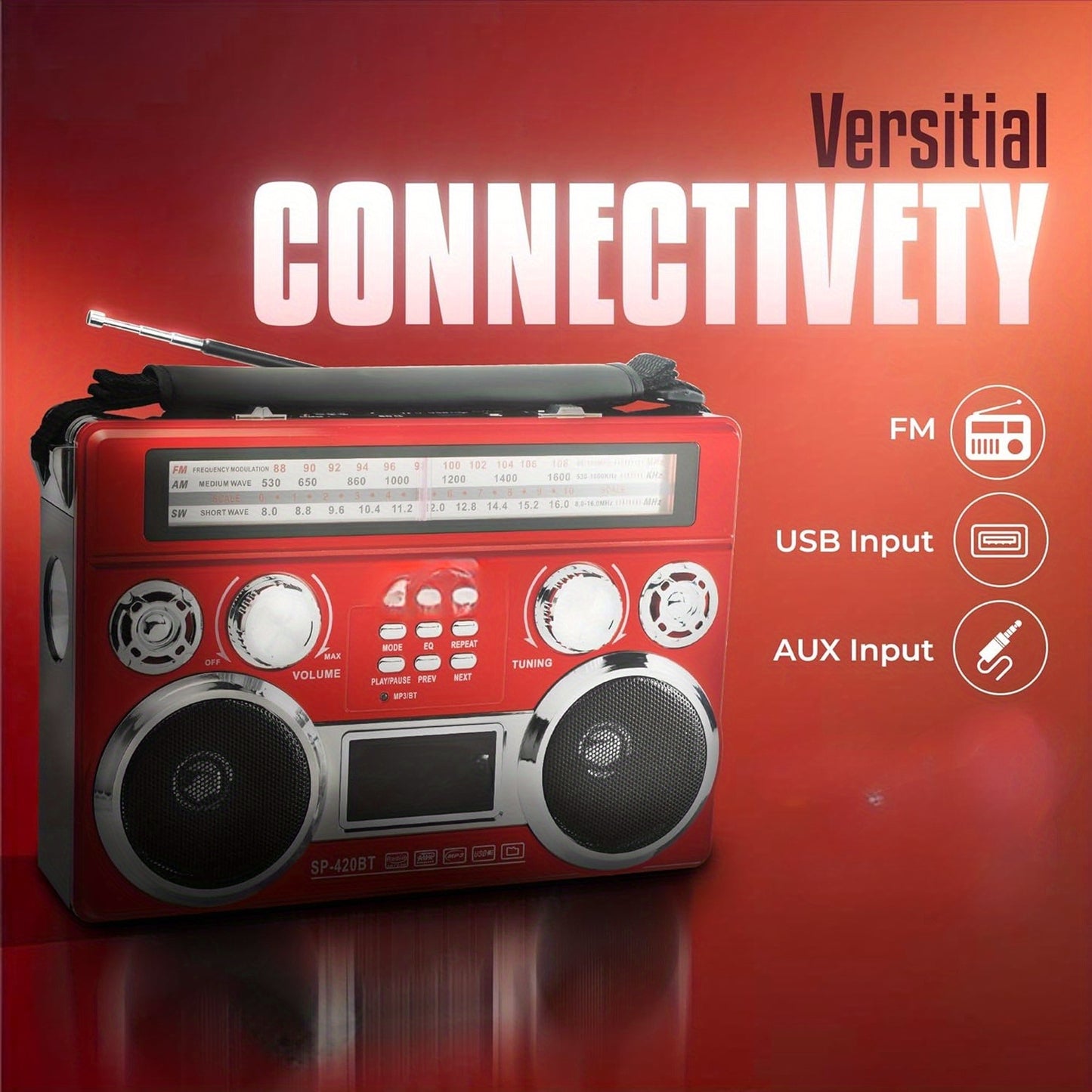 Portable 3-Band Radio with Wireless, Solar Panel & LED Flashlight