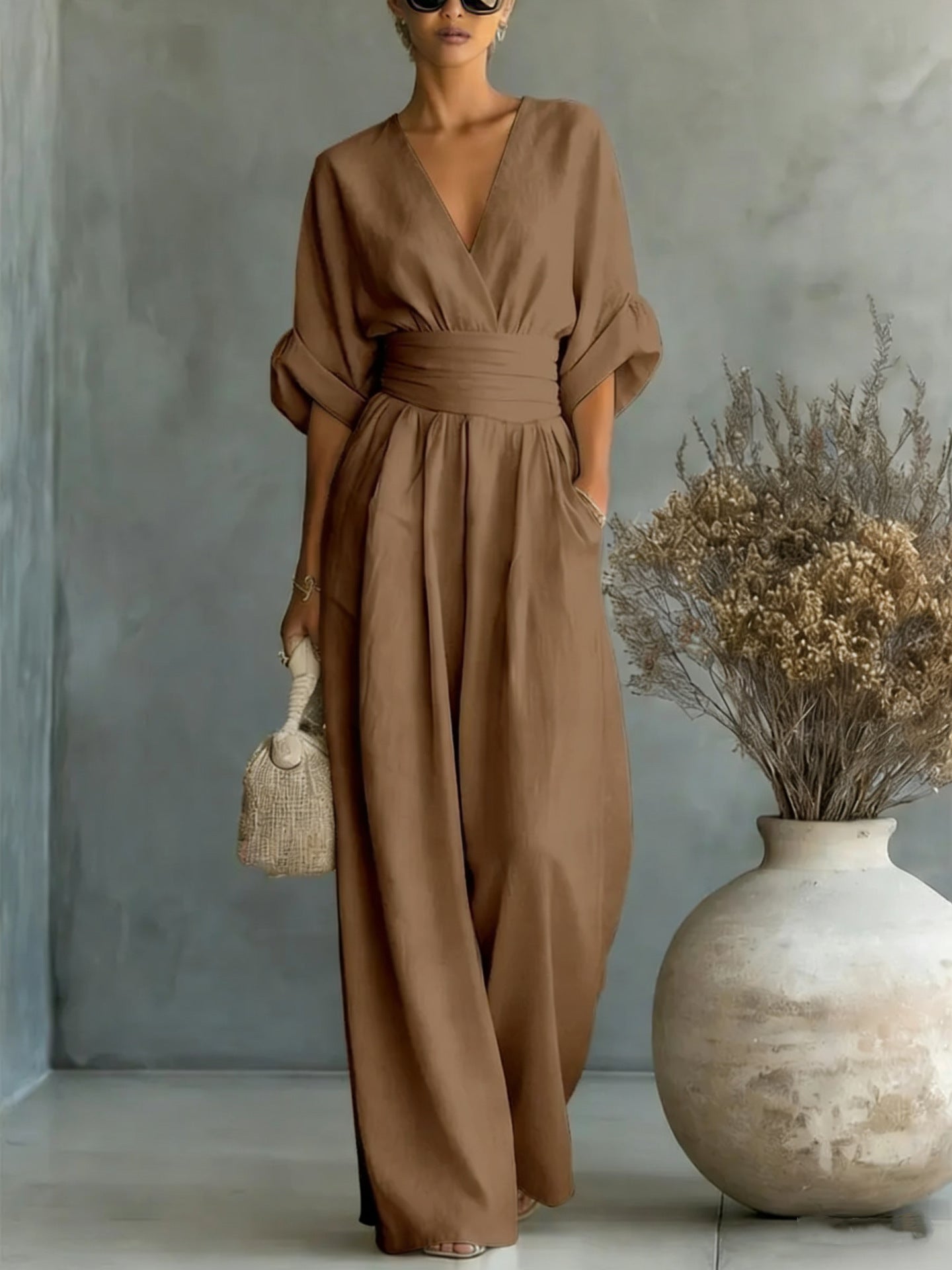 Summer Short-Sleeved Jumpsuit – Fashion Casual V-Neck Wide-Leg Pants for Women