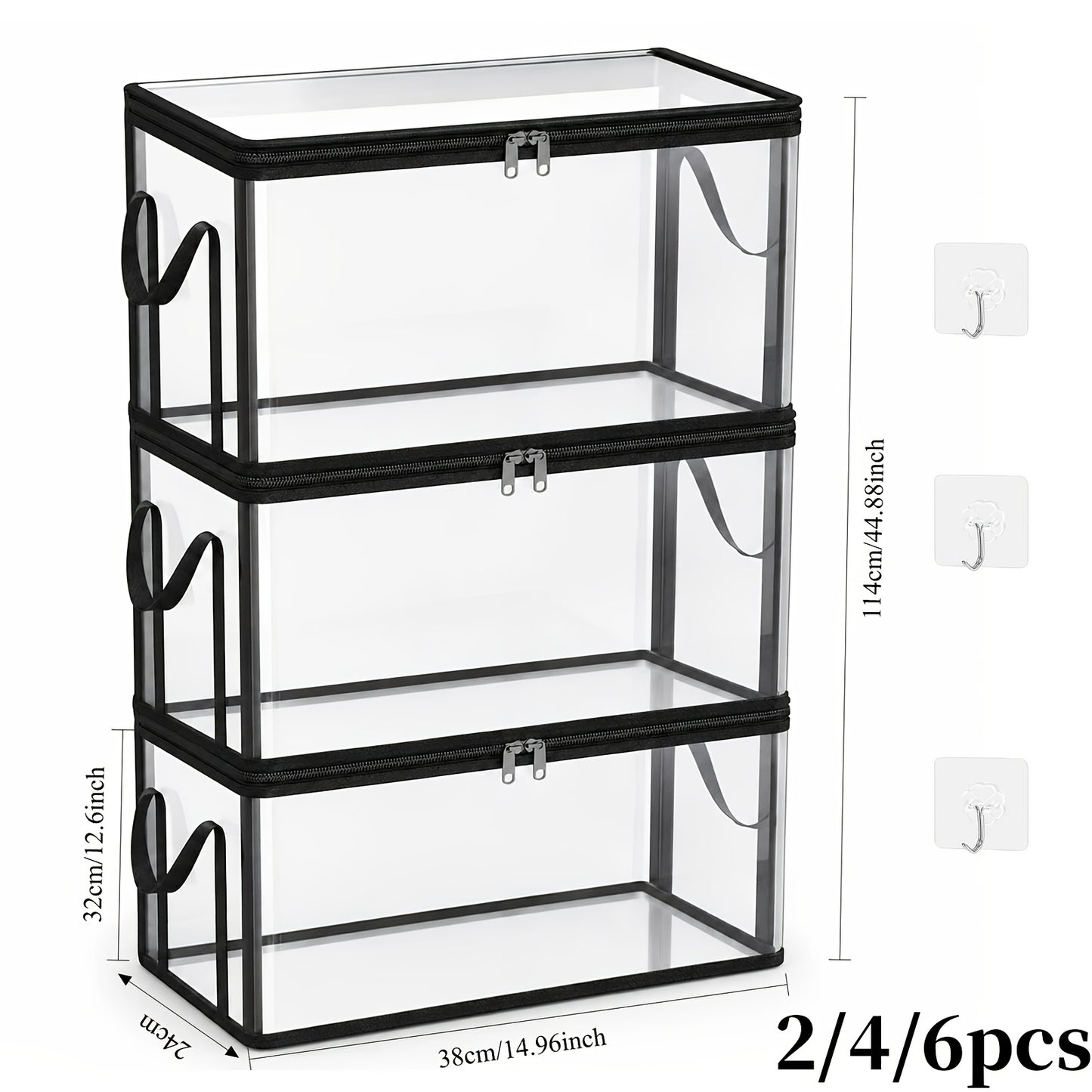 2/4/6PCS Large Transparent Thickened Plastic Storage Boxes with Hinged Lids & Hooks