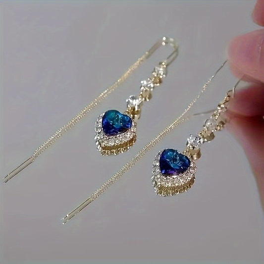 Sophisticated Alloy Blue Heart Tassel Earrings