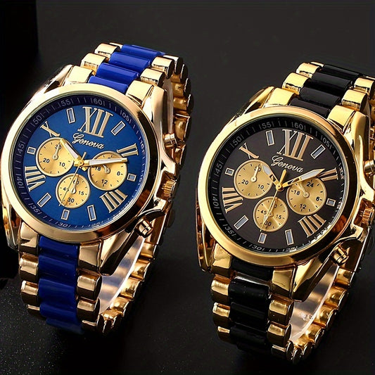 Elegant Men's Quartz Watch – Luxurious Golden-Tone with Large Roman Dial