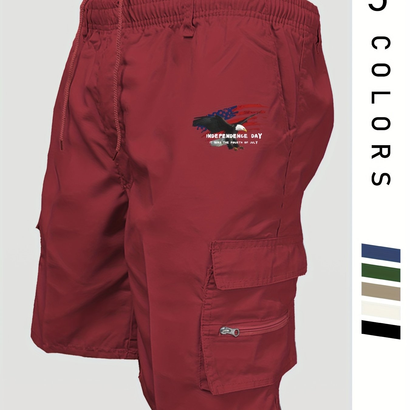 Eagle Print Loose Fit Elastic Cargo Shorts
