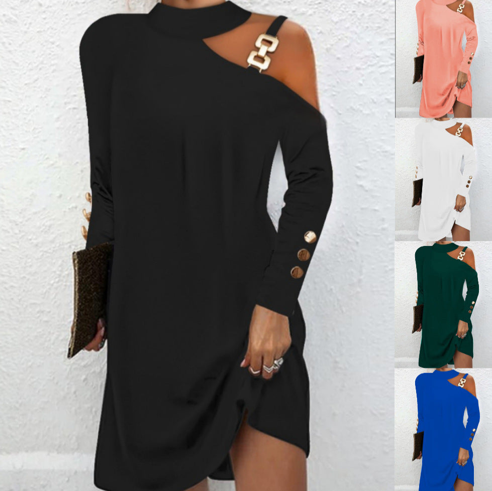 Fashion Women’s Solid Casual Mini Dress – Elegant Halter Neck with Metal Buckle