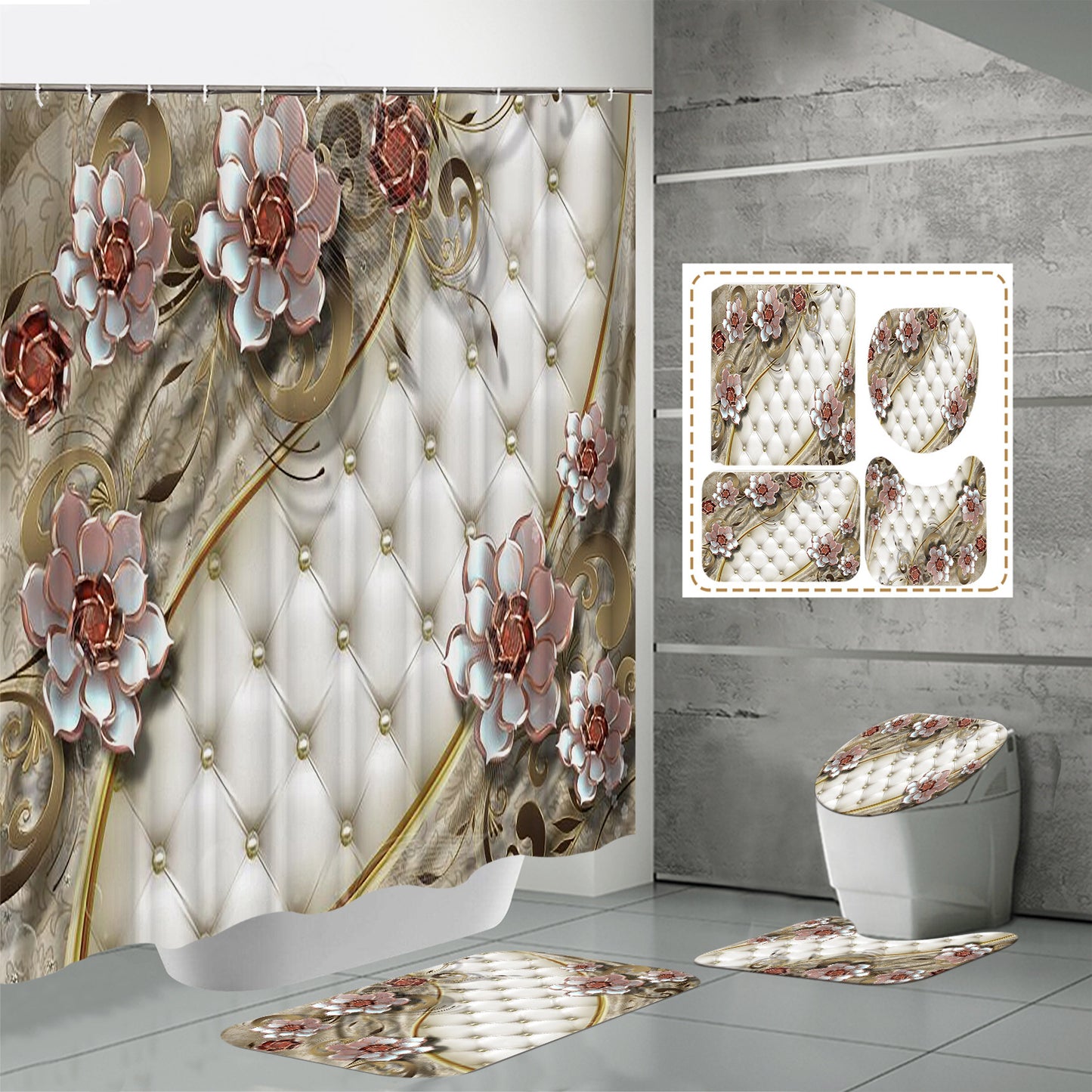 HD Digital Printing Waterproof Polyester Mildew-proof Shower Curtain Suit