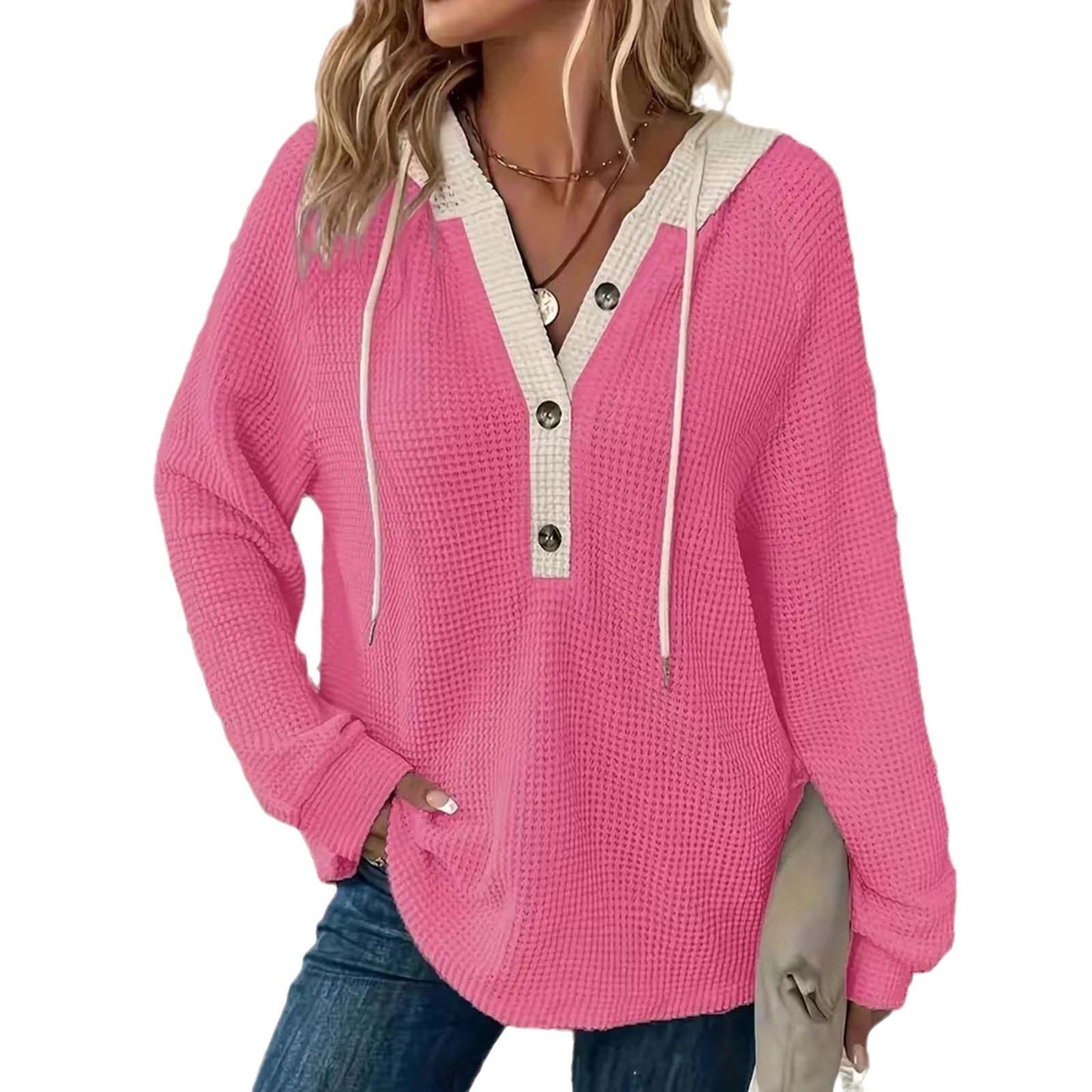 Women's Loose Fit Waffle Hoodie – Button-Up, Long Sleeve