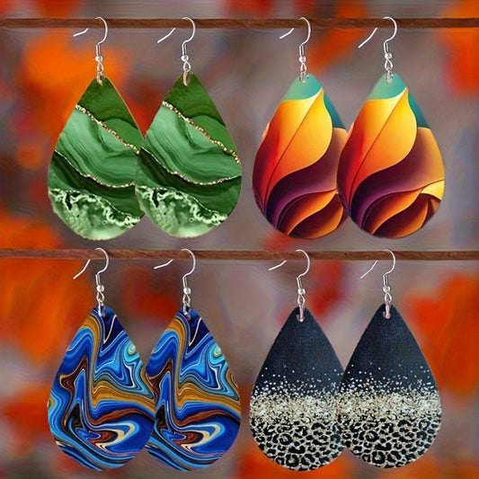 2 Pc Bohemian Minimalist Double-Sided Water Drop Earrings with Marbled & Glitter Design