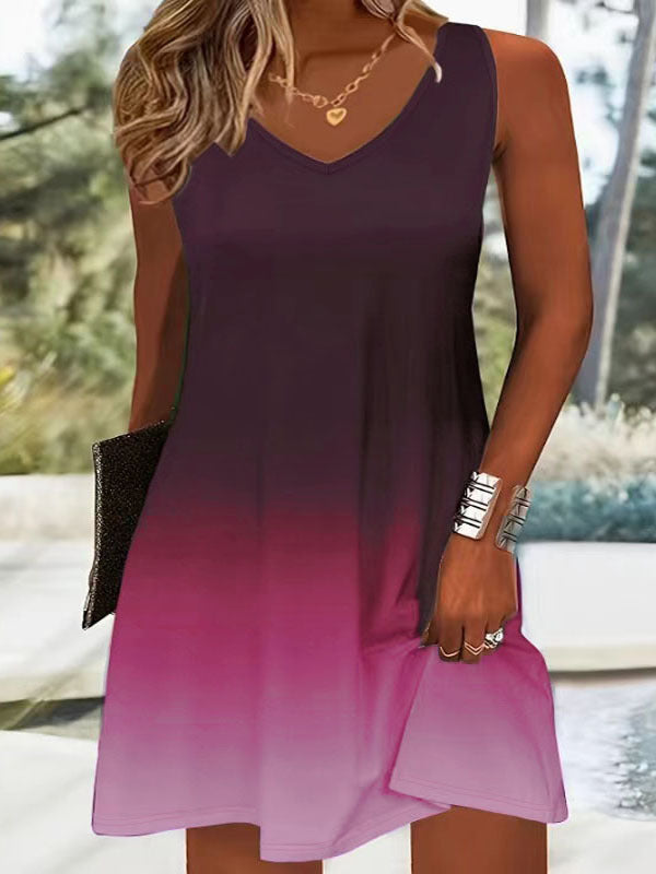 Printed Fashion Casual Sleeveless V-neck Gradient Color Strap Dress
