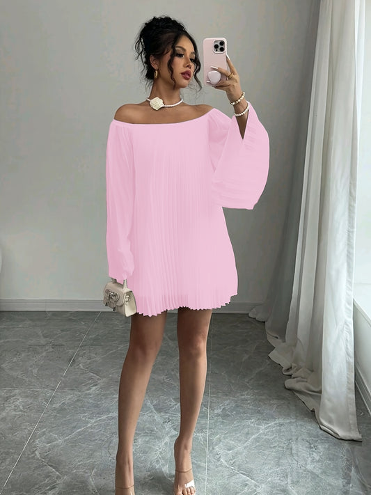 Elegant Chiffon Dress | Off-Shoulder Long-Sleeve with Pleats for Women