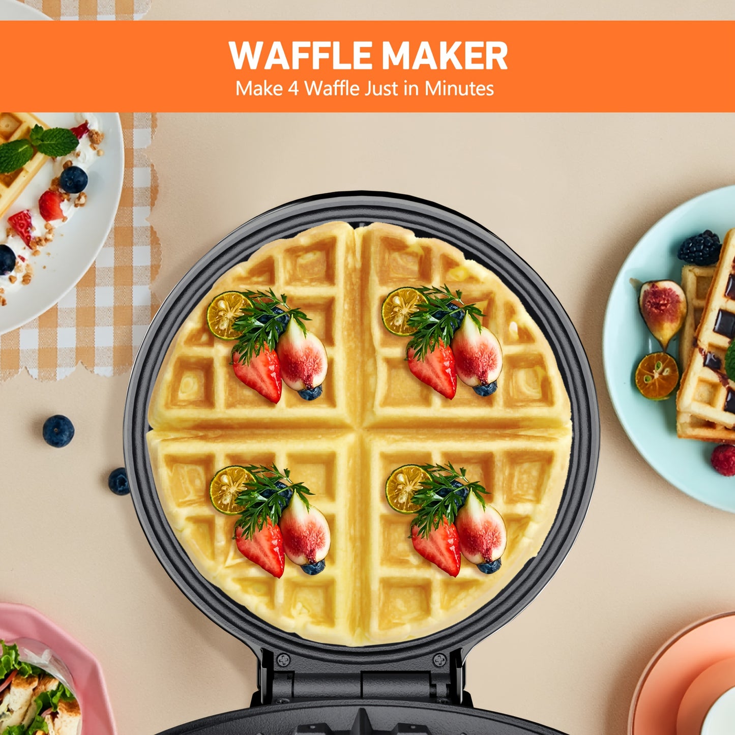 8-Inch 1000W Classic Belgian Waffle Maker – 4-Slice Double-Sided Nonstick Waffle Iron
