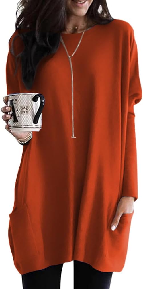 Poetsky Fall Womens Tunic or Tops to Wear with Leggings Long Sleeve Casual Long Shirts with Pockets