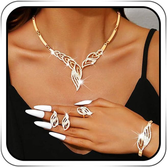 Sixexey Gold Rhinestone Jewelry Set Leaf Jewelry Prom Wedding Neck Jewelry for Women