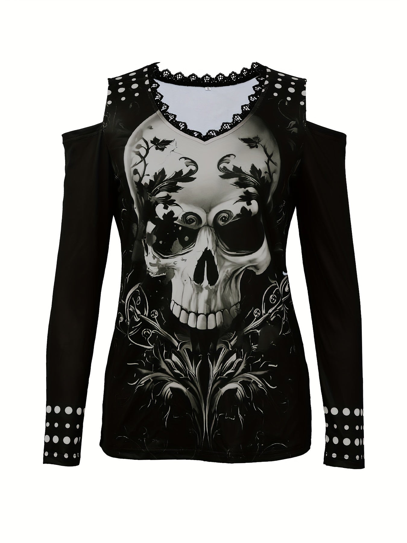 Vintage Skull Print Cold Shoulder T-Shirt – Women’s Long Sleeve Tee for Spring & Fall