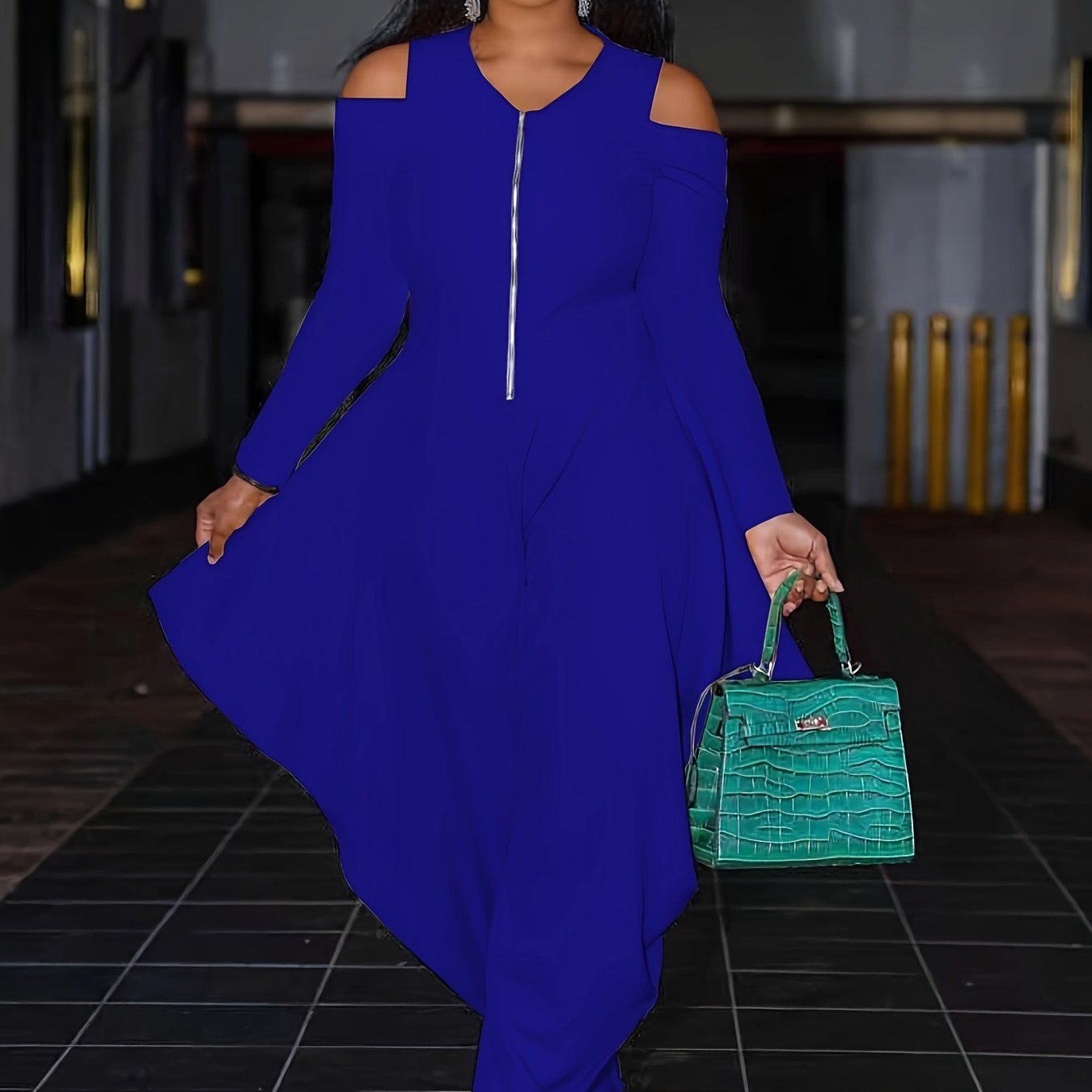 Fashionable Solid Color Off-Shoulder Zip-Up Jumpsuit