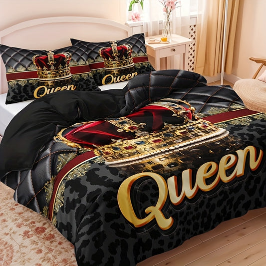 3pcs Crown Queen Leopard Print Quilt Cover Set
