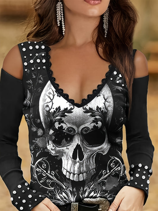 Vintage Skull Print Cold Shoulder T-Shirt – Women’s Long Sleeve Tee for Spring & Fall