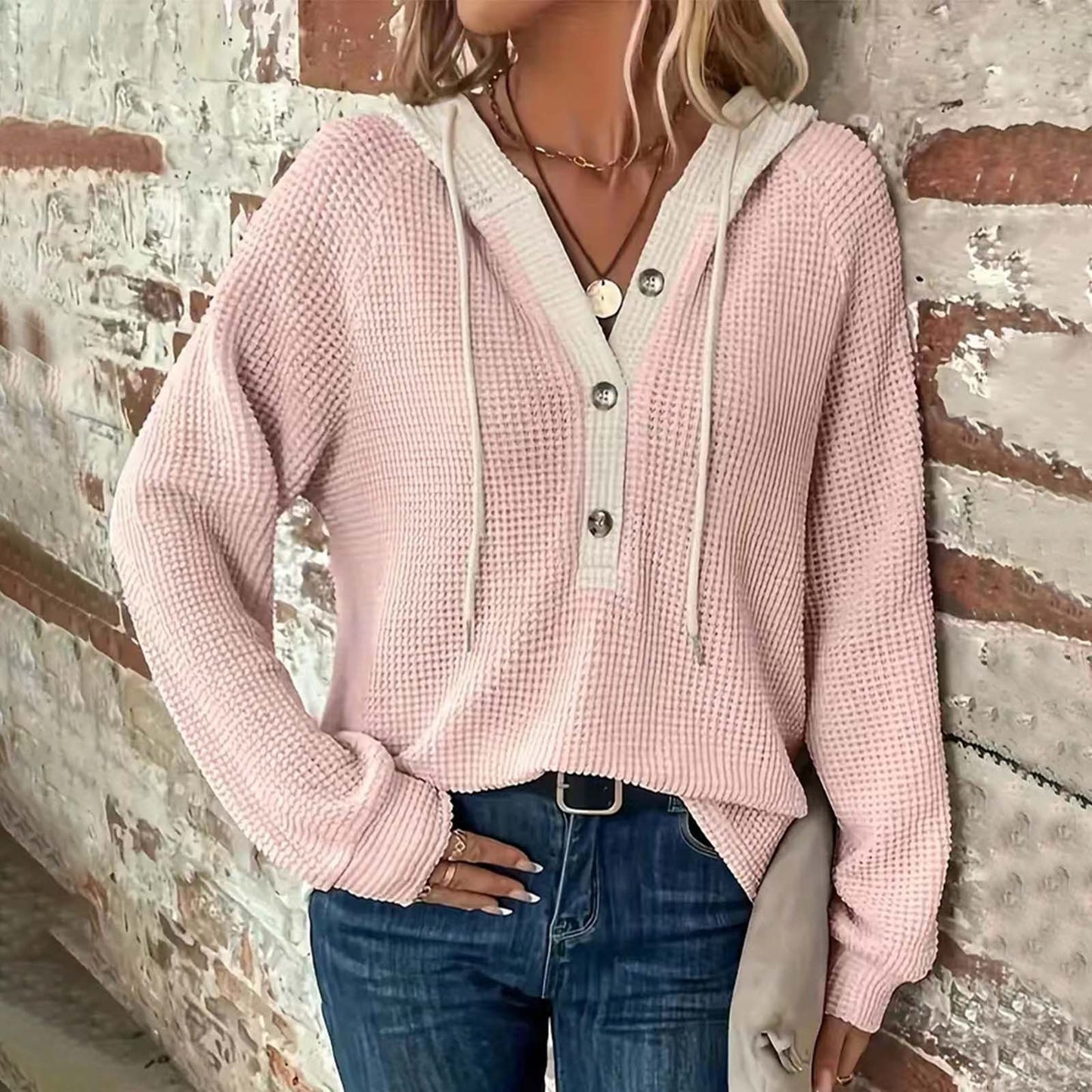 Women's Loose Fit Waffle Hoodie – Button-Up, Long Sleeve