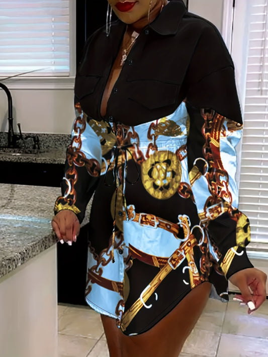 Plus Size Women’s Chic V-Neck Color block Baroque Print Shirt Dress