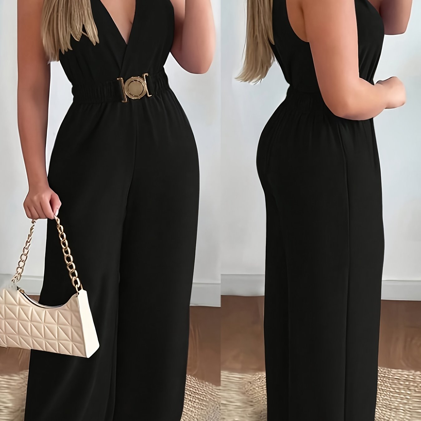 Elegant Women'S V-Neck Wide-Leg Jumpsuit with a Metallic Buckle Belt.