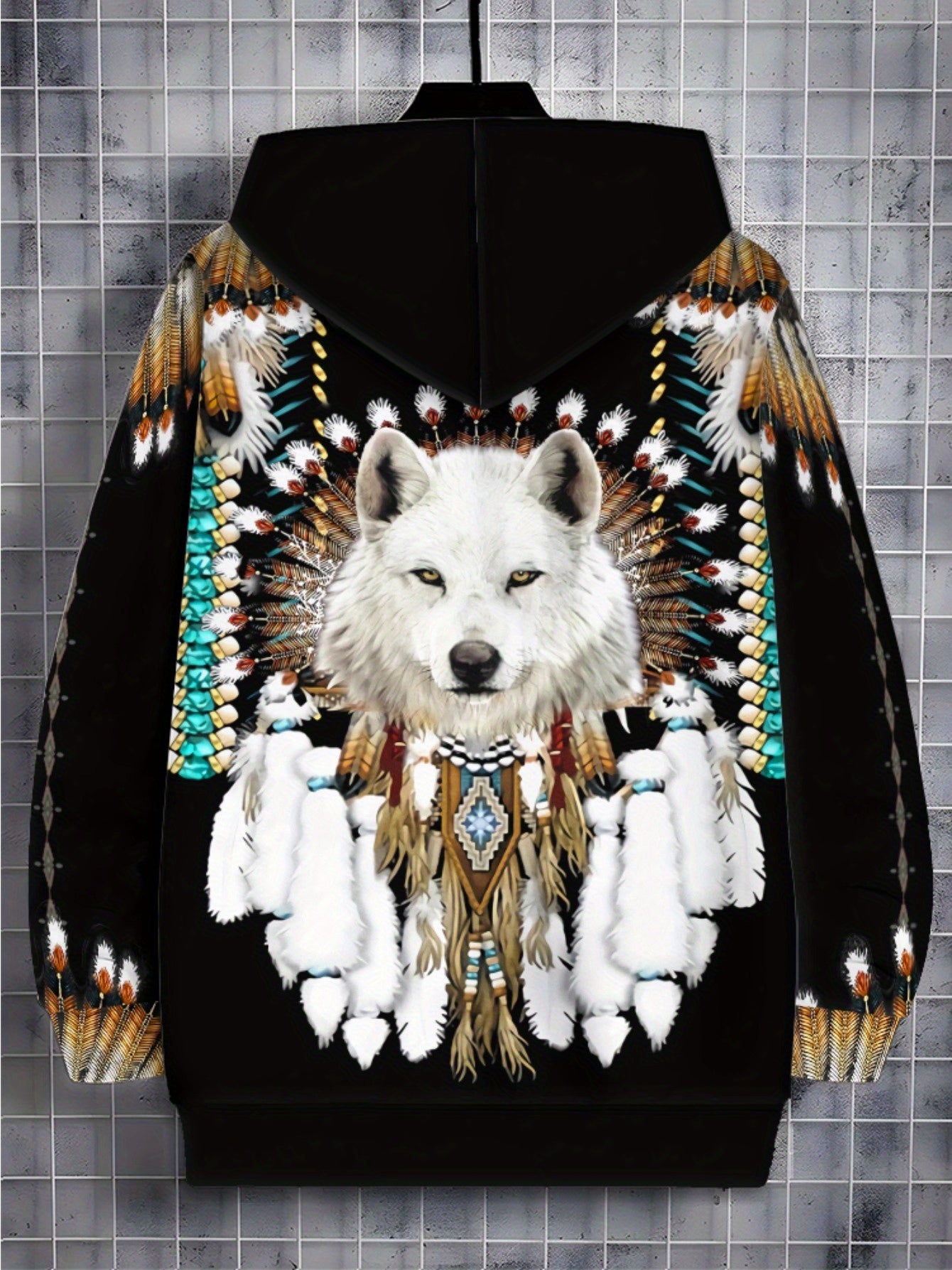 Men’s Full-Zip Hoodie – Wolf & Tribal Print