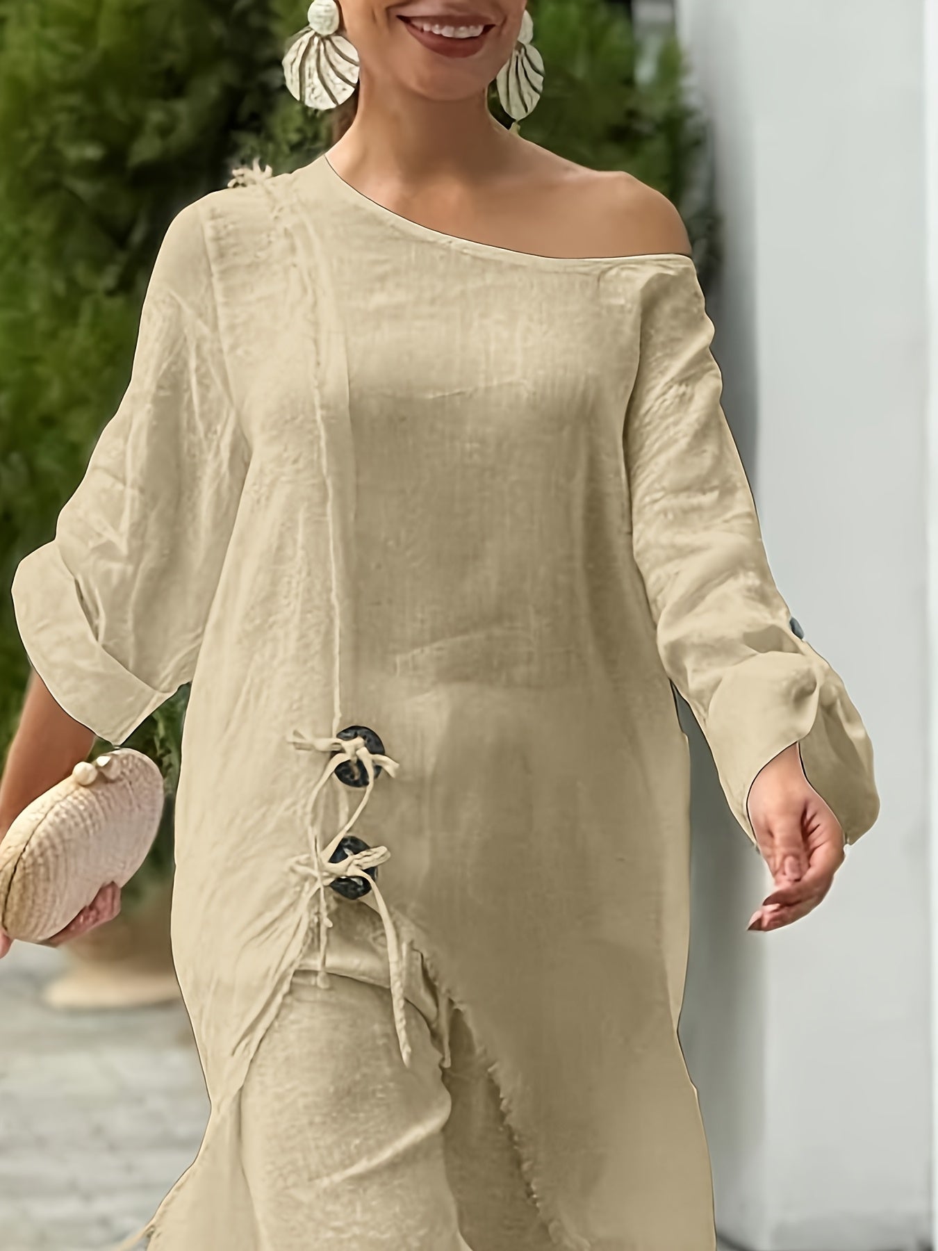 2pcs Strapless Long Sleeve Tie Slit Top And Casual Wide Leg Pants Set