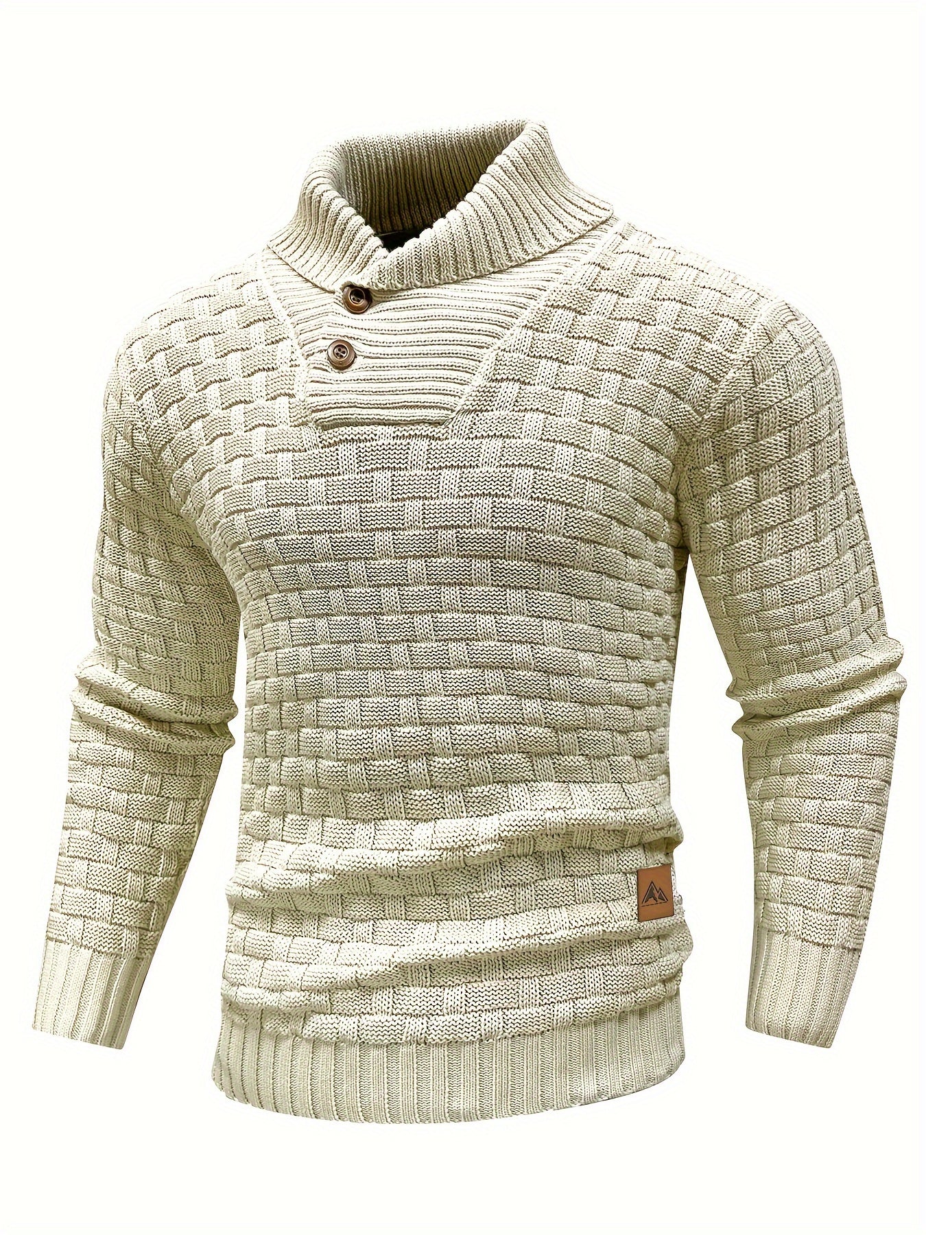 High Stretch Men’s Casual Sweater, Chic Mature Waffle Pattern Pullover