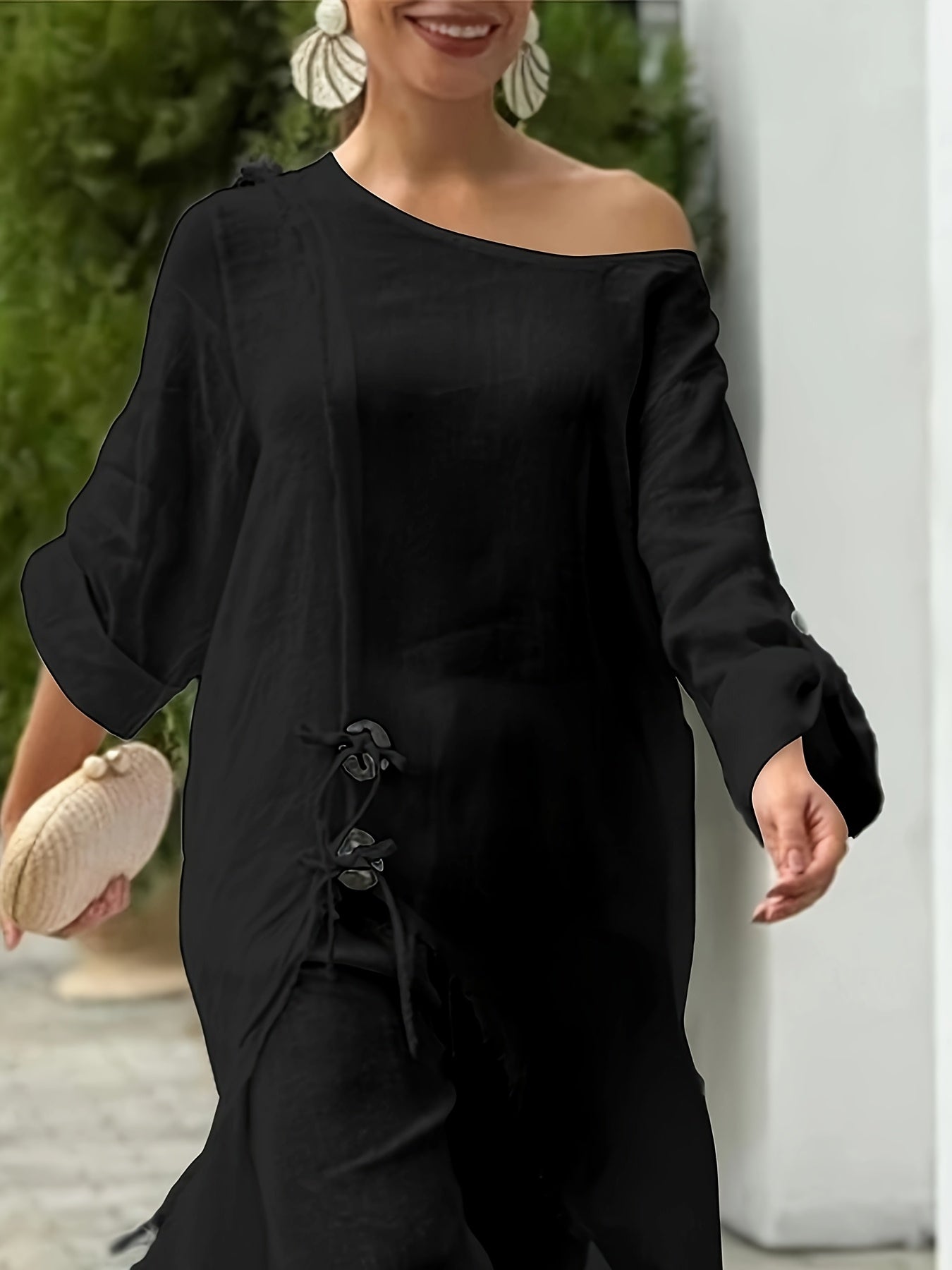 2pcs Strapless Long Sleeve Tie Slit Top And Casual Wide Leg Pants Set
