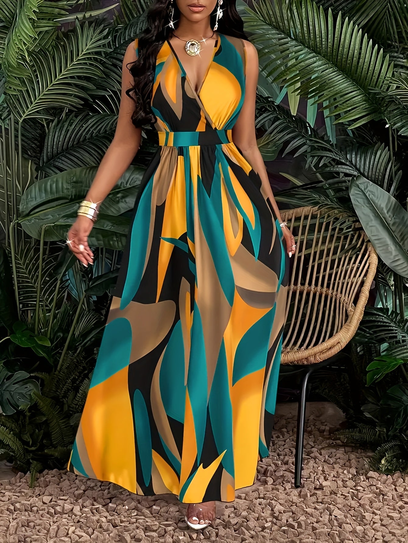 New Summer Women's V-Neck Geometric Print Dress YT