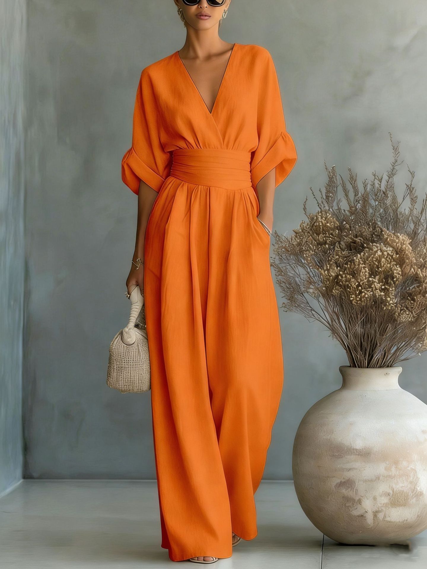 Summer Short-Sleeved Jumpsuit – Fashion Casual V-Neck Wide-Leg Pants for Women