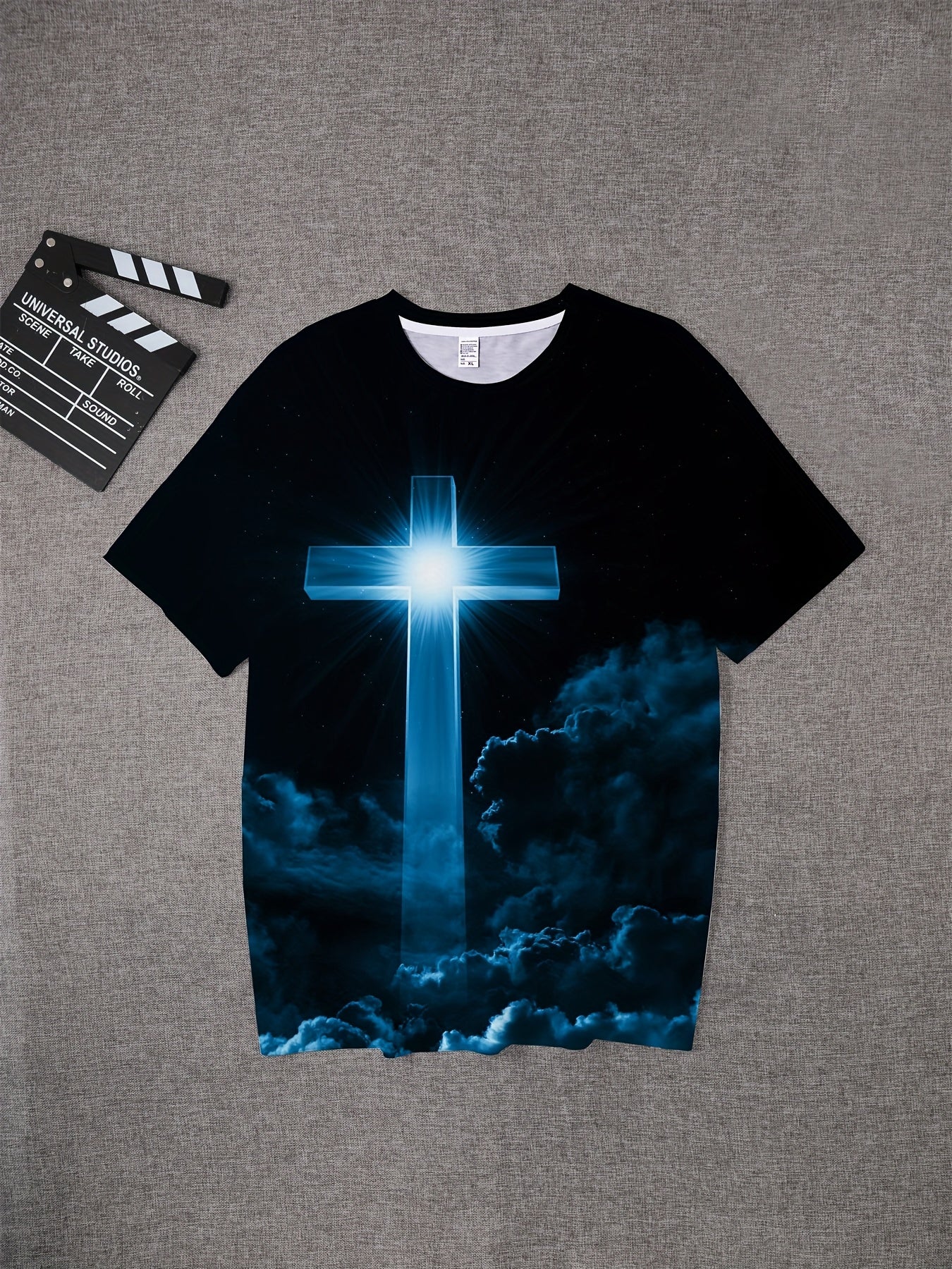 Men's Oversized Blue Shirt – Retro 3D Print with Cross Design