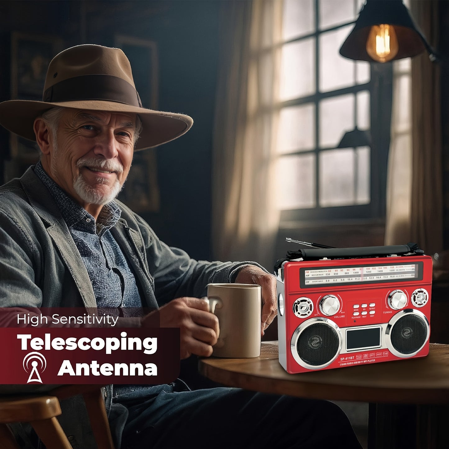 Portable 3-Band Radio with Wireless, Solar Panel & LED Flashlight