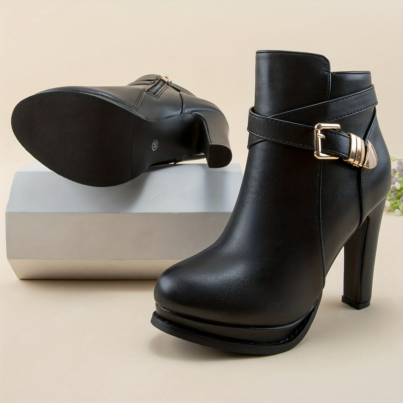 Women's Black High-Heeled Ankle Boots with Golden Buckle Strap
