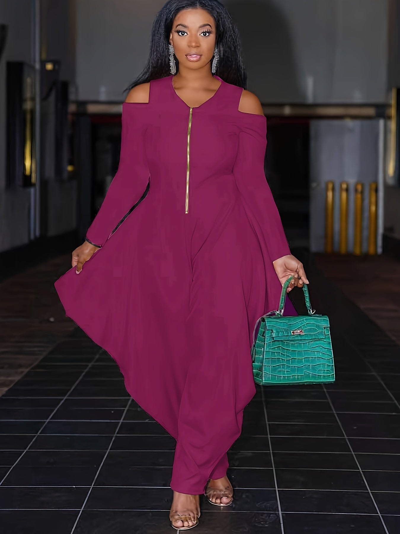 Fashionable Solid Color Off-Shoulder Zip-Up Jumpsuit