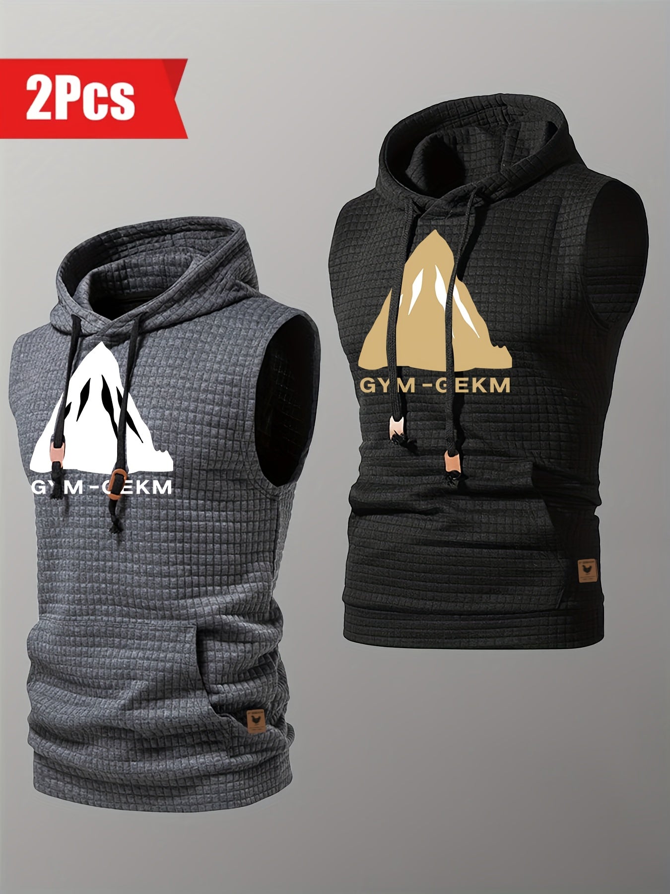 2pcs Casual Sleeveless Hooded Jacquard Tank Top