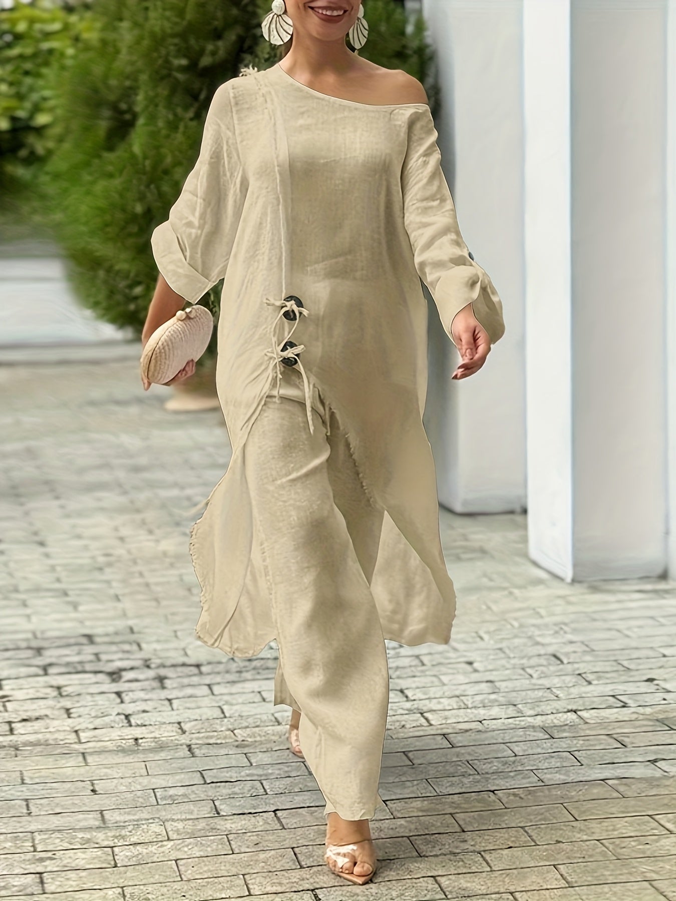 2pcs Strapless Long Sleeve Tie Slit Top And Casual Wide Leg Pants Set