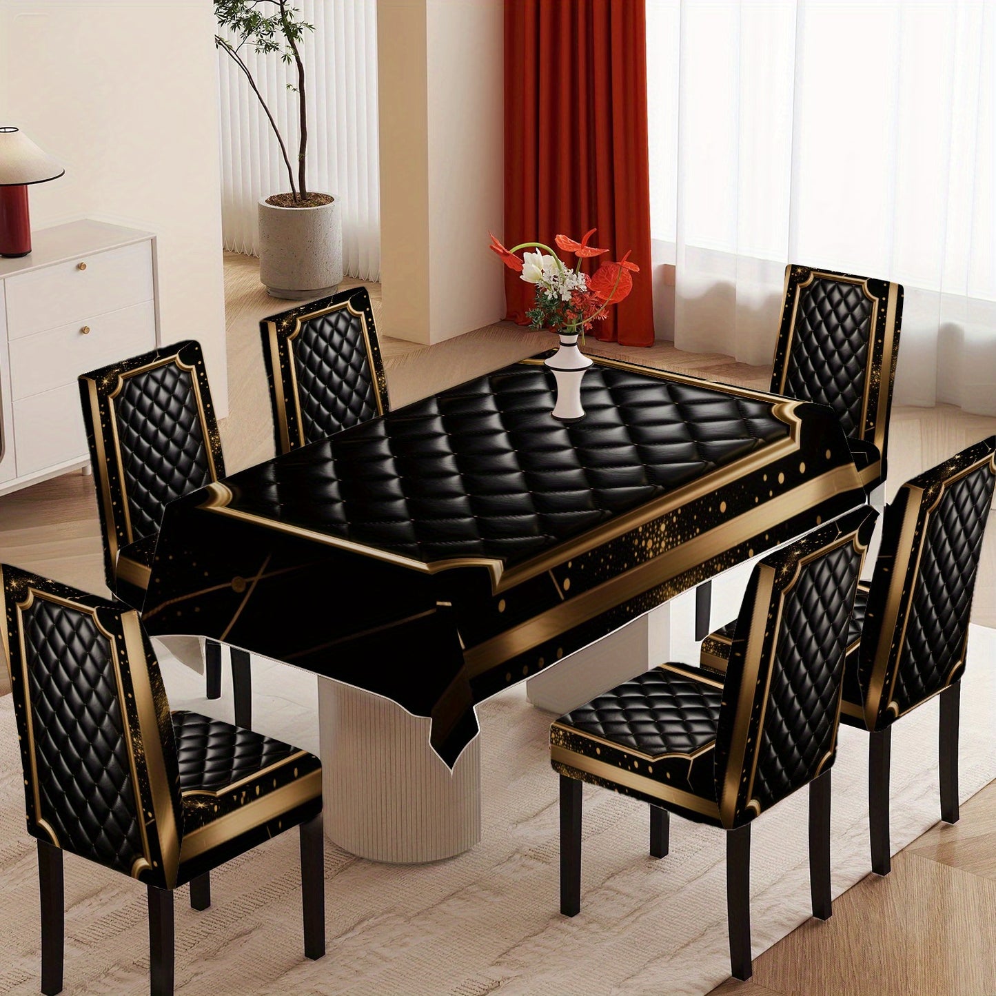Luxurious Black and Golden Diamond Pattern Tablecloth Set