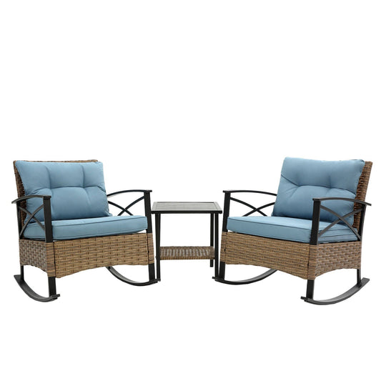 Rattan Rocking Chair Set Outdoor Grey with Steel Table